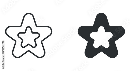 Star badge icon set, rating favorite symbol with star shape, in outline and solid silhouette style. Vector illustration.