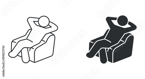 Relaxing person in armchair icon set, man sitting comfortably resting on sofa chair, in outline and solid silhouette style. Vector illustration.