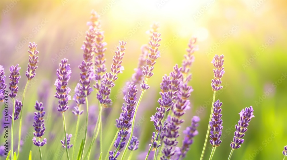 Obraz premium Lavender Field in Bloom: The sun-kissed lavender field presents a picturesque scene of delicate purple blooms swaying gently in a soft breeze, bathed in the warm, radiant light of a perfect day.