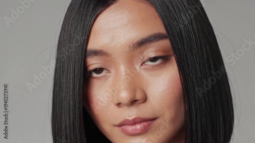 Captivating close-up portrait of a beautiful young Asian woman showcasing her sleek, straight black hair, natural radiant skin, and subtle elegant makeup, exuding a calm and confident demeanor.