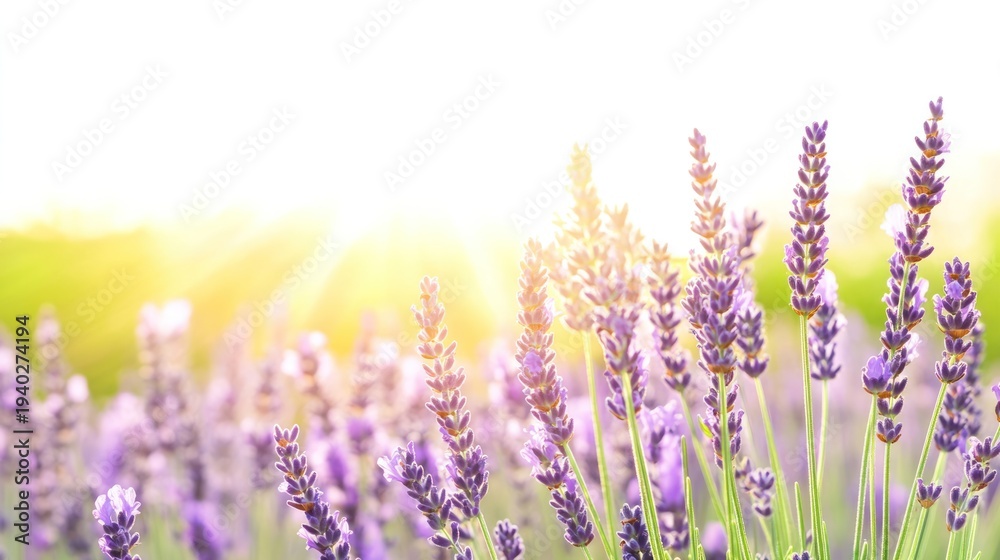 Fototapeta premium Lavender Field in Sunlight: A close-up shot of a vibrant lavender field, basking in the warm glow of the sunlight, evokes a sense of tranquility.