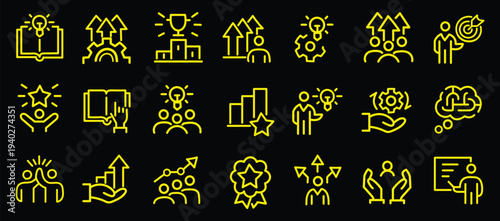 Upskilling coaching, career development, icons pack. Line signs skill grow, learning teamwork and growth progression training. Thin vector icons set for web and app outline editable stroke. 
