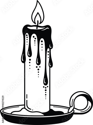 Burning candle with melting wax silhouette illustration, vintage candlelight symbol for decoration, spirituality, remembrance and atmospheric lighting design
