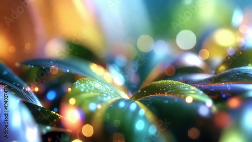 Bright colors reflect off green leaves in a garden. Light bounces around creating patterns and shines on the plant life. Nature is full of life and movement during the day.