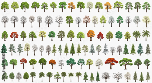 Variety of Trees : A diverse collection of trees, each with unique characteristics and seasonal colors, arranged to showcase botanical diversity and beauty of the forest.