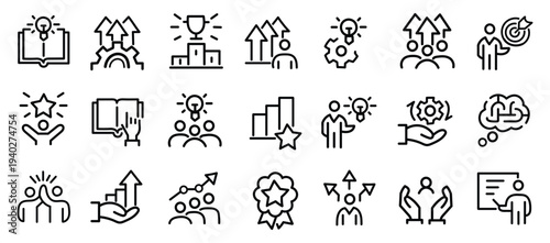 Upskilling coaching, career development, icons pack. Line signs skill grow, learning teamwork and growth progression training. Thin vector icons set for web and app outline editable stroke. 