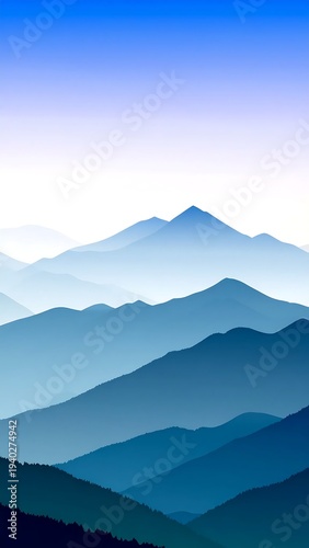 A serene mountain range with blue hues and gradient sky