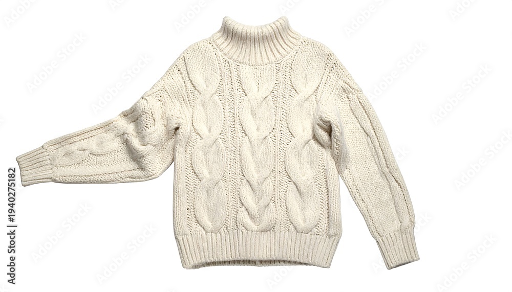 Fototapeta premium Cream Colored Cable Knit Sweater on White Background.