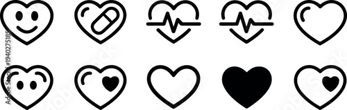 A collection of 10 heart icons in various styles and colors