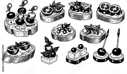 Hand drawn canapé appetizer sketch set with tapas finger food and mini sandwich vector illustration