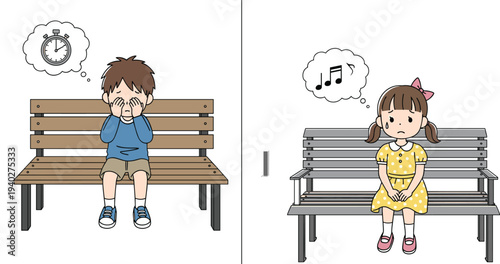 Children waiting on park bench illustration, boy and girl sitting alone thinking about time and music, childhood emotion concept