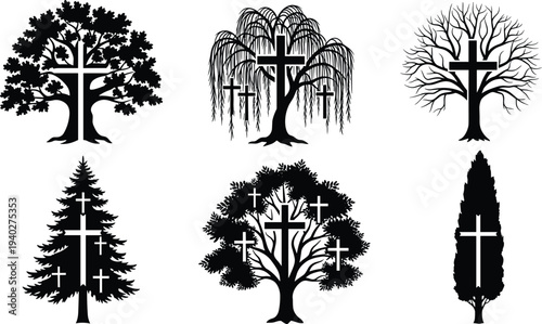 Christian cross tree silhouettes collection, religious faith symbol integrated with trees, spiritual nature illustration set isolated vector design