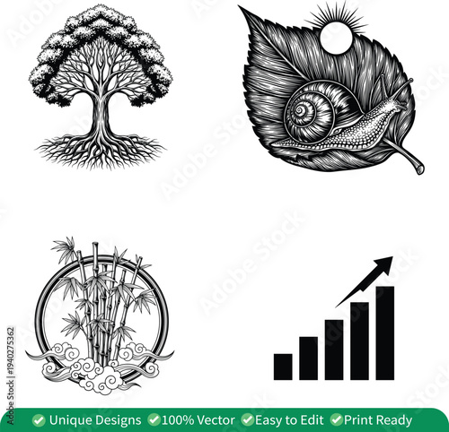 Tree With Roots Illustration, Snail on Leaf Nature Art, Bamboo Emblem and Business Growth Chart Vector Set