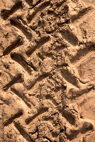 фотографія Detailed close-up of a deep, textured tire track pressed into soft, earthy brown soil