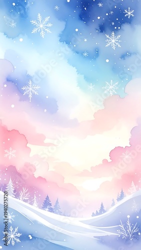 A serene winter landscape with pastel-colored sky and snowflakes