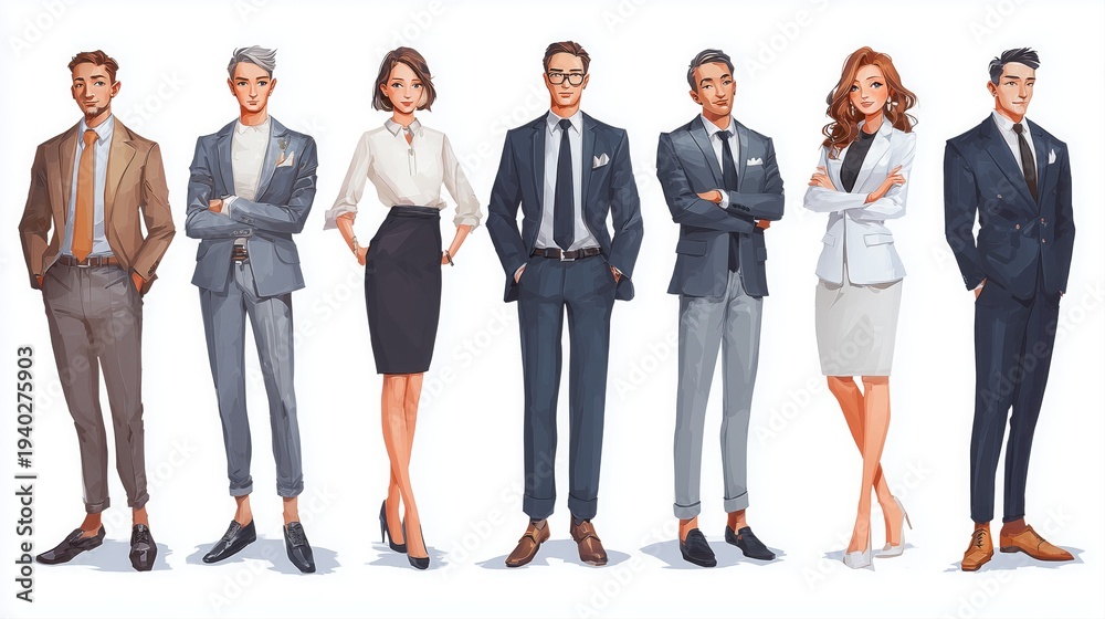 Obraz premium Team of business professionals, both male and female, standing together in business attire against a white background.