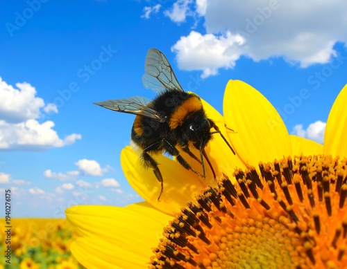 Bumblebee on Sunflower in Field Under Blue Sky.