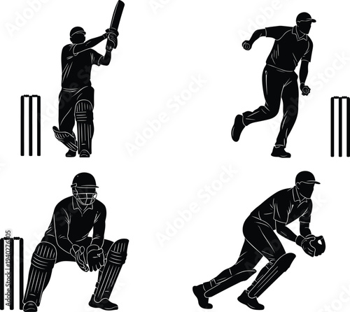 cricket, player, silhouettes, batsman, bowler, wicketkeeper, fielder, action, poses, sport, cricket, stumps, bat, ball, fielding, bowling, batting, isolated, black, illustration