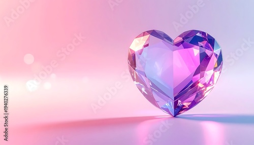 A shiny purple heart-shaped gemstone on a pink background