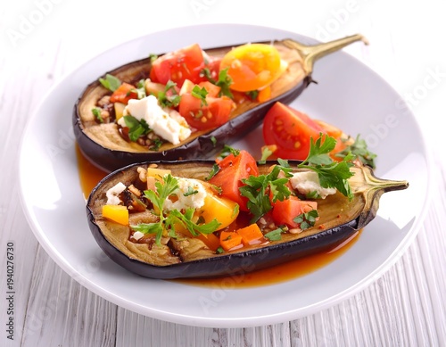 Grilled Eggplant with Tomato and Feta - A Delicious Mediterranean Dish.