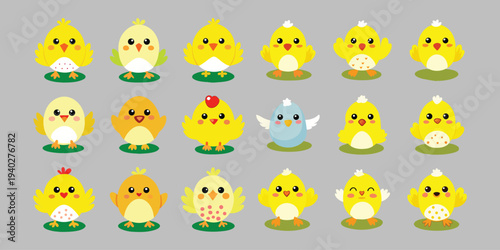 set of adorable easter chicks, cute cartoon vector illustrations of easter baby chicken