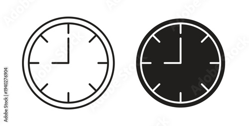 Time quarter past icon style design pack on white background. Thin line and clipart style