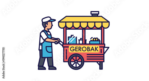 Colorful Street Food Cart with Vendor Serving Passersby, Food Stand with Fresh Goods and Customer Engagement for Market and Culinary Promotions