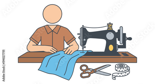 Creative Sewing or Tailoring Scene with Vintage Sewing Machine, Fabric, Scissors, and Measuring Tape for Fashion or Textile Design Projects