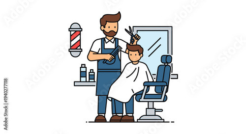 Barbershop Scene with Barber Cutting Hair of Customer in Modern Salon Interior