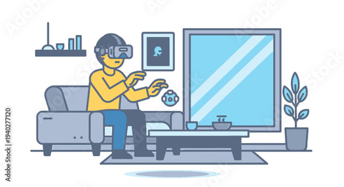 Child Engaged in Virtual Reality Gaming at Home with Modern Tech Setup and Trendy Decor