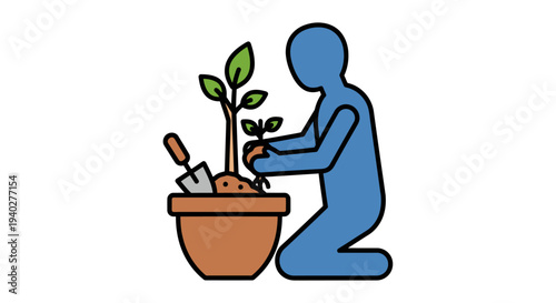 Digital Illustration of a Person Cultivating a Young Tree in a Pot, Symbolizing Growth, Sustainability, and Environmental Care