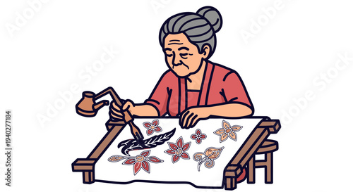 Elderly Woman Engaged in Traditional Embroidery Crafting on a Wooden Frame for Cultural Preservation and Artistic Expression