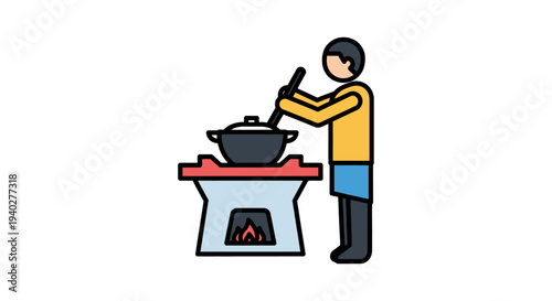 Simple Illustration of a Person Cooking with a Pan on a Stove Using a Lighter or Matchstick, Emphasizing Home Cooking and Kitchen Activities