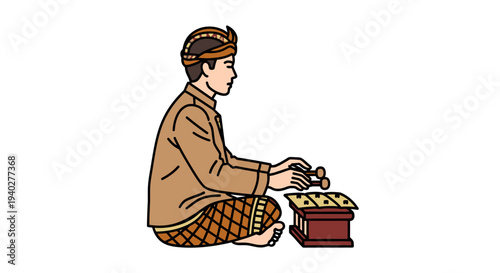 Traditional Japanese Koto Player in Cultural Attire Engaged in Instrument Performance - Vintage Music Scene Illustration