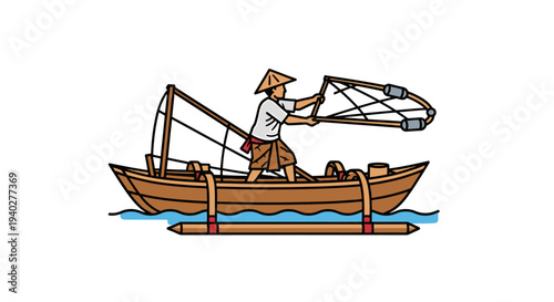 Traditional Fisherman Casting a Net from a Wooden Boat During Calm Waters, Cultural Maritime Scene for Tourism, Fishing Industry, or Nautical Themes