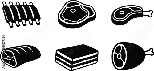 Meat Cuts Vector Icons Set – Steak, Ribs, Ham, Beef, Pork, Butcher Silhouette Illustration