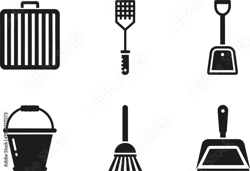 Cleaning tools vector icons set in black isolated style for household and janitorial design