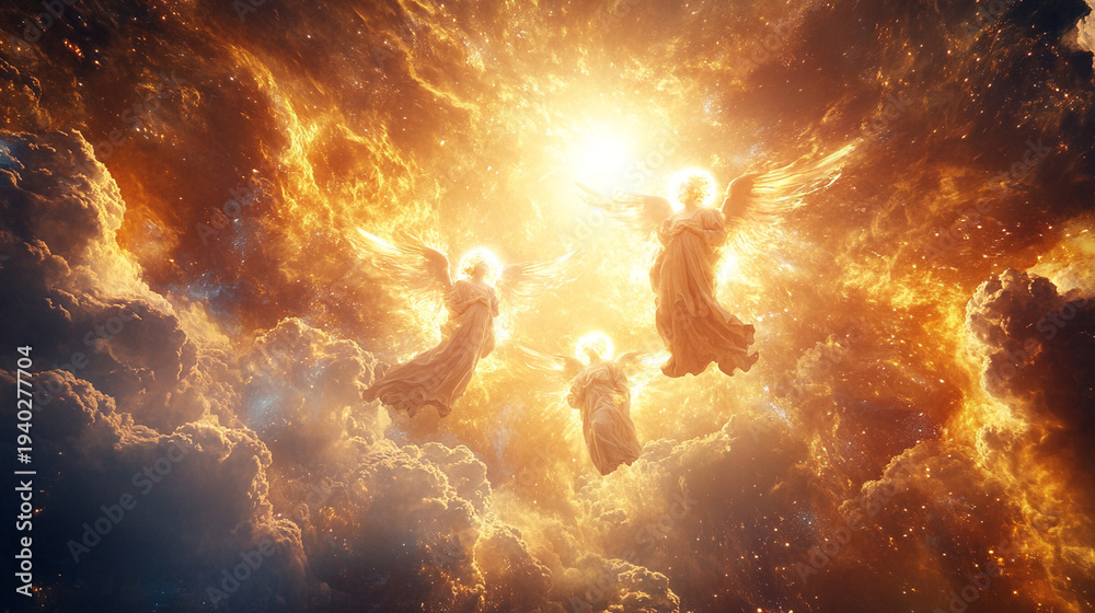 Obraz premium Celestial angels descending through radiant sky with glowing halos and flowing garments, dramatic heavenly composition