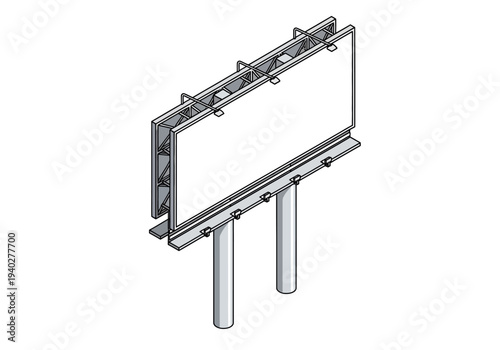 A technical drawing of a metal billboard frame on poles from an isometric viewpoint