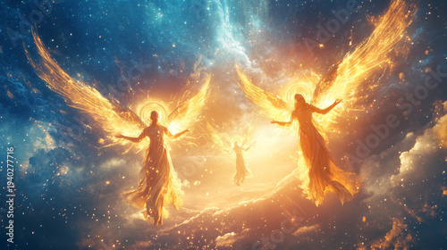 Celestial angels descending through radiant sky with glowing halos and flowing garments, dramatic heavenly composition