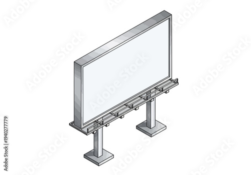 Detailed technical drawing of a billboard on metal poles, showcasing its frame and mounting system from an isometric perspective.