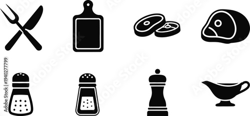 Kitchen Utensils and Food Icons Vector Set – Black Silhouette Cooking Elements Illustration