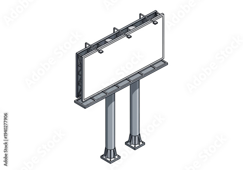 A digital illustration of a large billboard structure supported by two metal poles standing upright on a plain white background viewed from a slight angle
