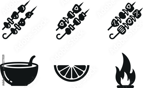 Grill barbecue skewer icons set vector, black silhouette food symbols for summer BBQ design