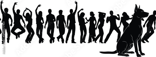 dancing people silhouettes, party crowd silhouettes, group dance celebration, nightlife energy, german shepherd dog silhouette, vector illustration, isolated background graphic