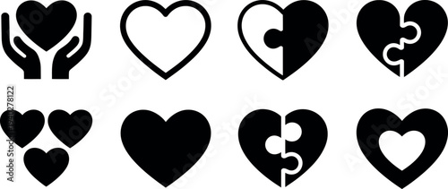 Collection of black heart icons in various styles and combinations
