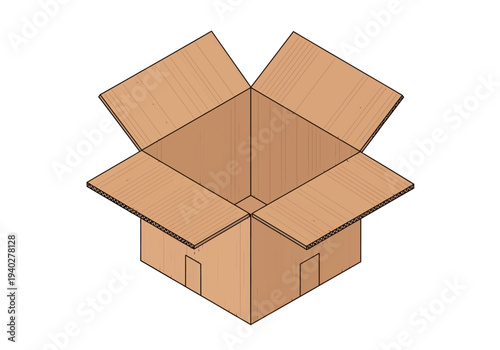 An open cardboard box viewed from above, displaying its empty interior and flaps