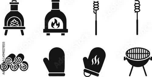 Barbecue and Outdoor Cooking Vector Icons Set for Grill, Oven, Gloves, and Firewood