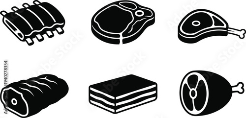 Meat Cuts Vector Icons Set – Steak, Ribs, Ham, Bacon, Roast Silhouette Illustrations