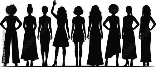 diverse women silhouettes standing together, female figures with different hairstyles and dresses, modern woman vector illustration isolated set